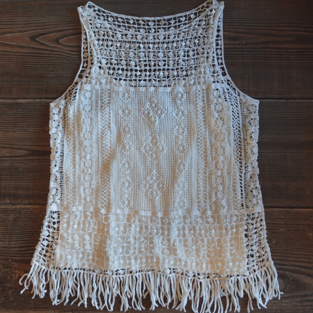 Ralph Lauren‎ Tank Top Womens M White Crochet Fringe Cotton Boho Coastal Cottage